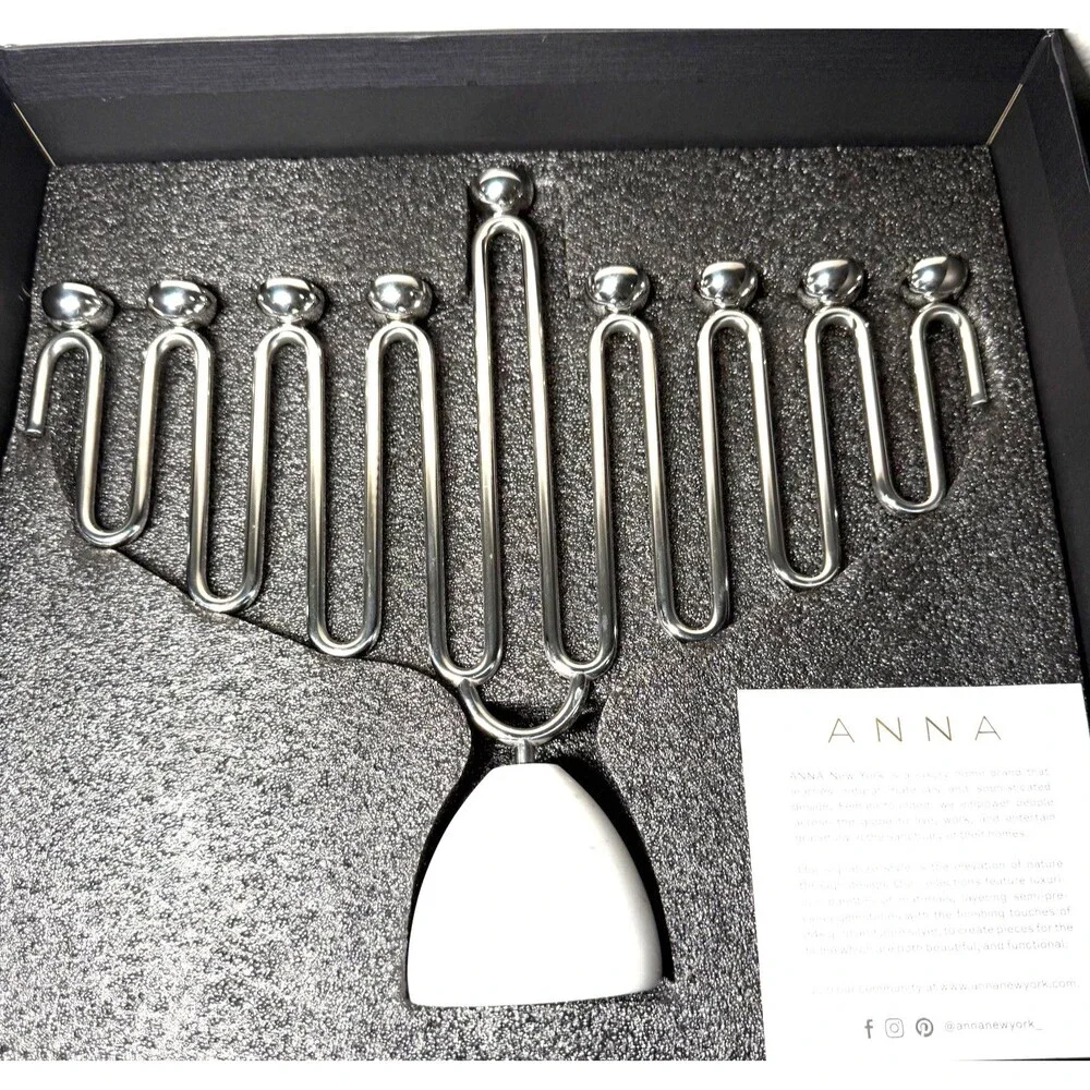ANNA New York Coluna Silver & Carrara Marble Menorah Modern Hanukkah Holder